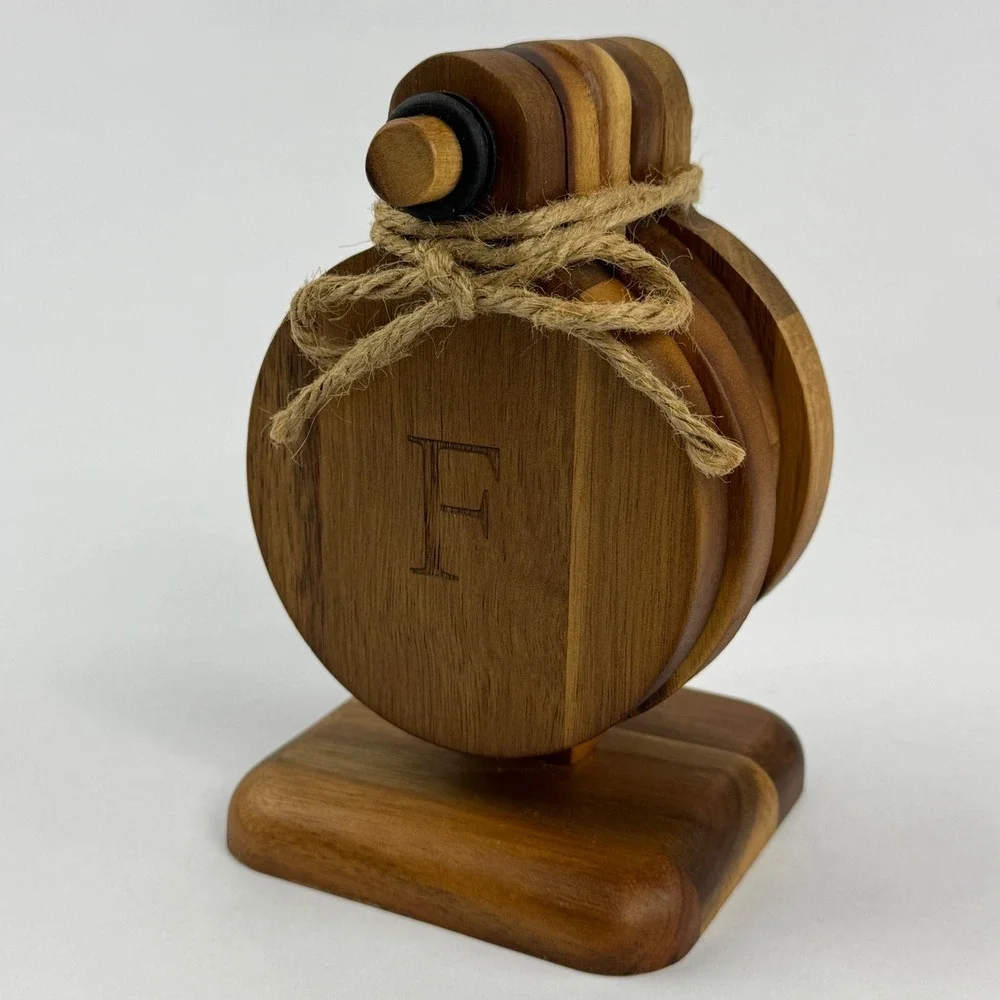 Monogrammed Letter F Acacia Wood Coaster Set with Vertical Stand 5 Piece Rustic